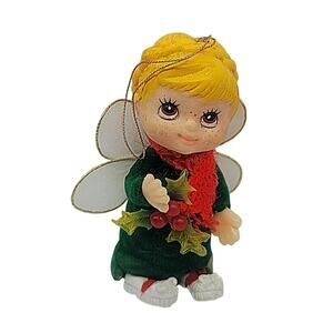 Vintage Pixie Face Elf Angel Morgan Merrie Christmas Ornament Felt Holly Scarf